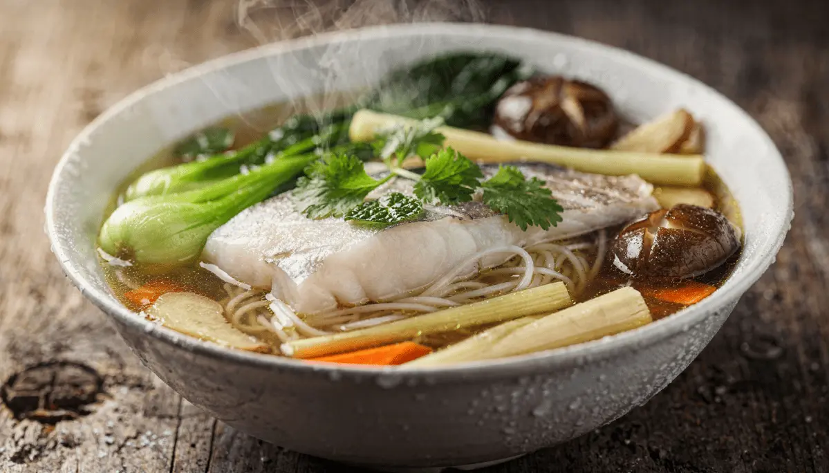Dos de colin, bouillon parfumé et nouilles de riz